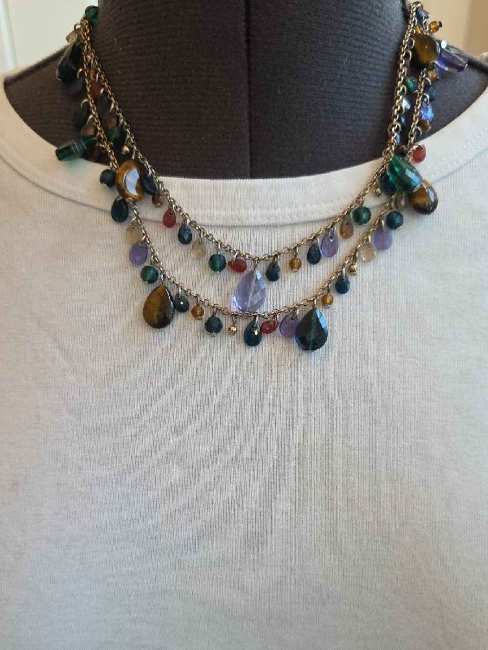 Talbots Multi-Gem Teardrop Layered Necklace in Green, Purple, Blue, Brown, Red - Picture 5 of 8